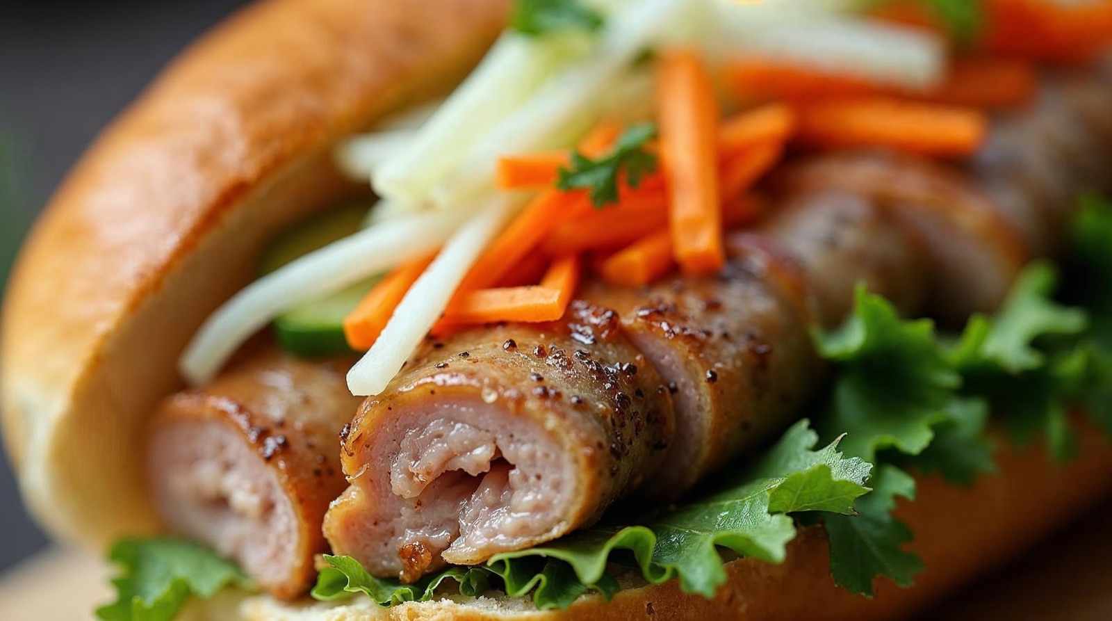 Cận cảnh nhân bánh mì thịt với đồ chua cà rốt củ cải, dưa leo và rau