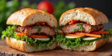 Ổ bánh mì Việt Nam cắt đôi lộ pate, thịt, rau dưa