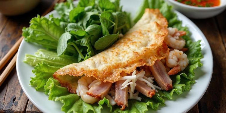 Bánh xèo miền Tây vàng giòn gấp đôi, nhân tôm thịt ba chỉ giá đỗ, ăn kèm rau sống và nước chấm