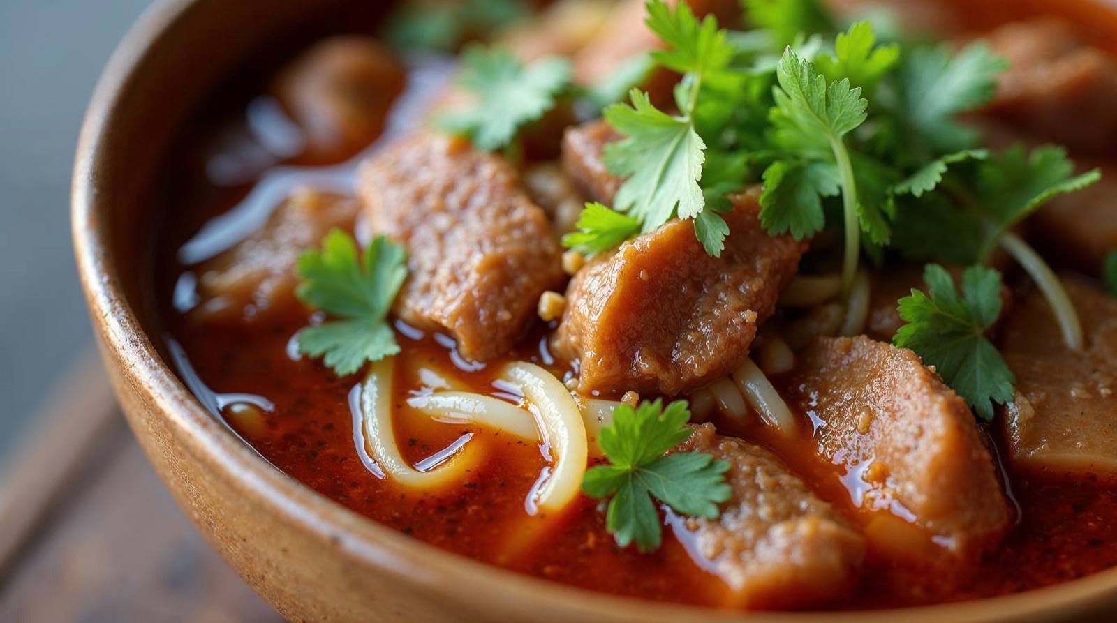Cận cảnh nước dùng bún bò với sa tế và thịt bò