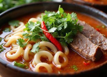 Tô bún bò Huế với bún, thịt bò, giò heo và nước dùng sa tế
