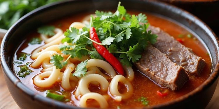 Tô bún bò Huế với bún, thịt bò, giò heo và nước dùng sa tế