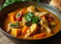 Tô cà ri gà vàng cam béo sánh với thịt gà, khoai và cà rốt, ăn kèm bánh mì