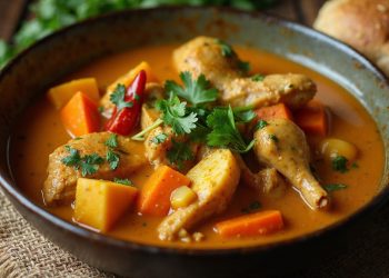 Tô cà ri gà vàng cam béo sánh với thịt gà, khoai và cà rốt, ăn kèm bánh mì