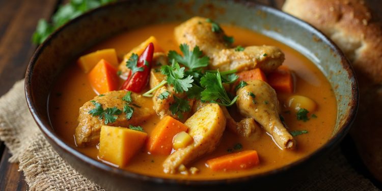 Tô cà ri gà vàng cam béo sánh với thịt gà, khoai và cà rốt, ăn kèm bánh mì