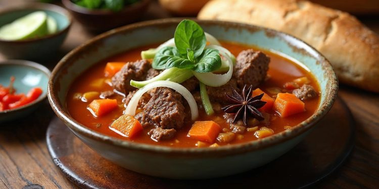 Bát bò kho với thịt bò mềm, cà rốt, hoa hồi, nước dùng đỏ cam, ăn kèm bánh mì