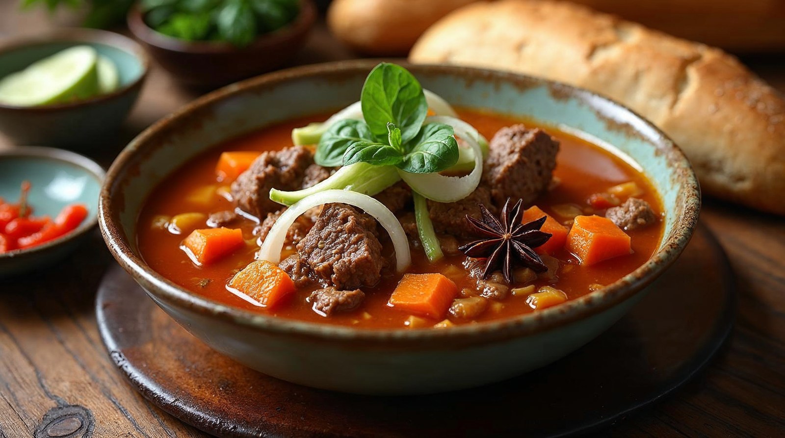 Bát bò kho với thịt bò mềm, cà rốt, hoa hồi, nước dùng đỏ cam, ăn kèm bánh mì