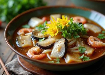 Tô lẩu mắm miền Tây với cá, tôm, cà tím và bông điên điển