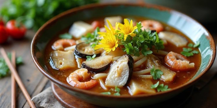 Tô lẩu mắm miền Tây với cá, tôm, cà tím và bông điên điển