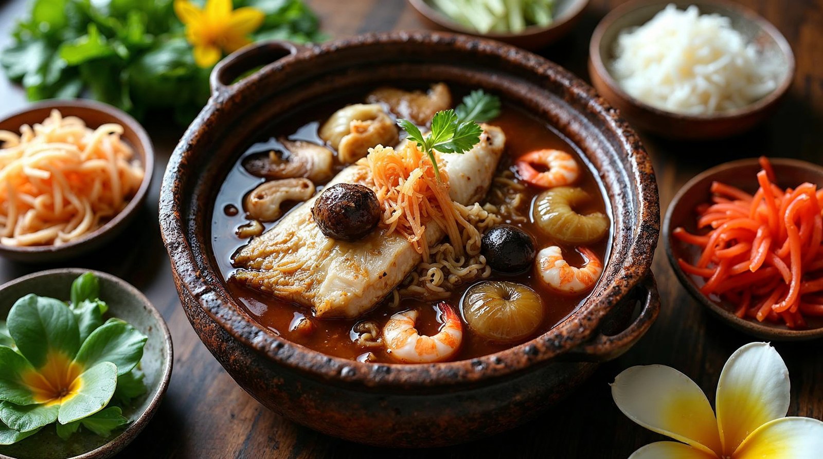 Nồi đất lẩu mắm với cá, tôm và các đĩa rau, bún ăn kèm
