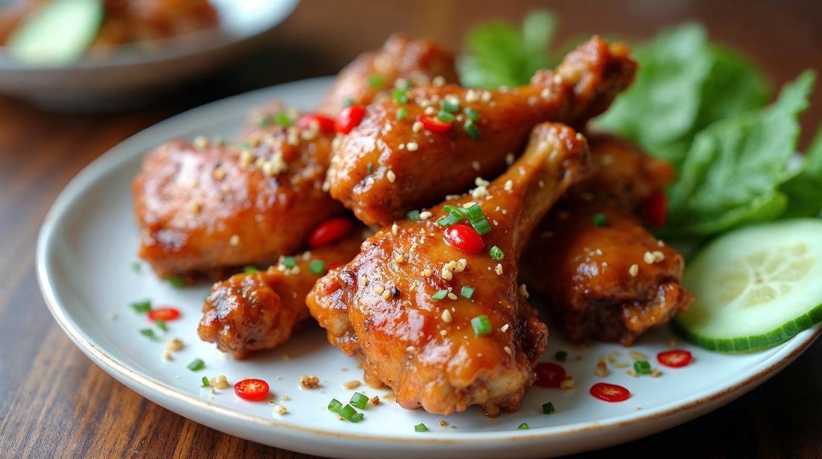 Đĩa cánh gà chiên nước mắm rắc ớt và hành lá, kèm dưa leo