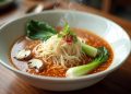 Tô canh miến ăn liền không cần nấu với nấm, cải thìa và dầu ớt