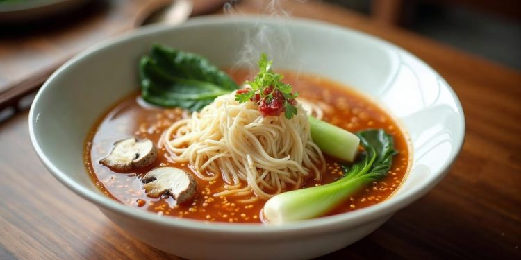 Tô canh miến ăn liền không cần nấu với nấm, cải thìa và dầu ớt