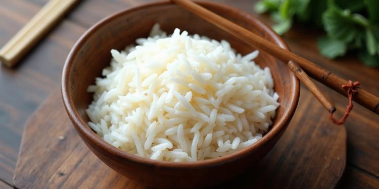 Bát cơm trắng dẻo với đũa gác trên miệng bát