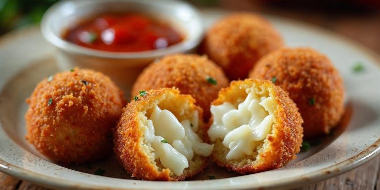 Cơm viên chiên Ý (arancini) cắt đôi lộ nhân phô mai mozzarella kéo sợi