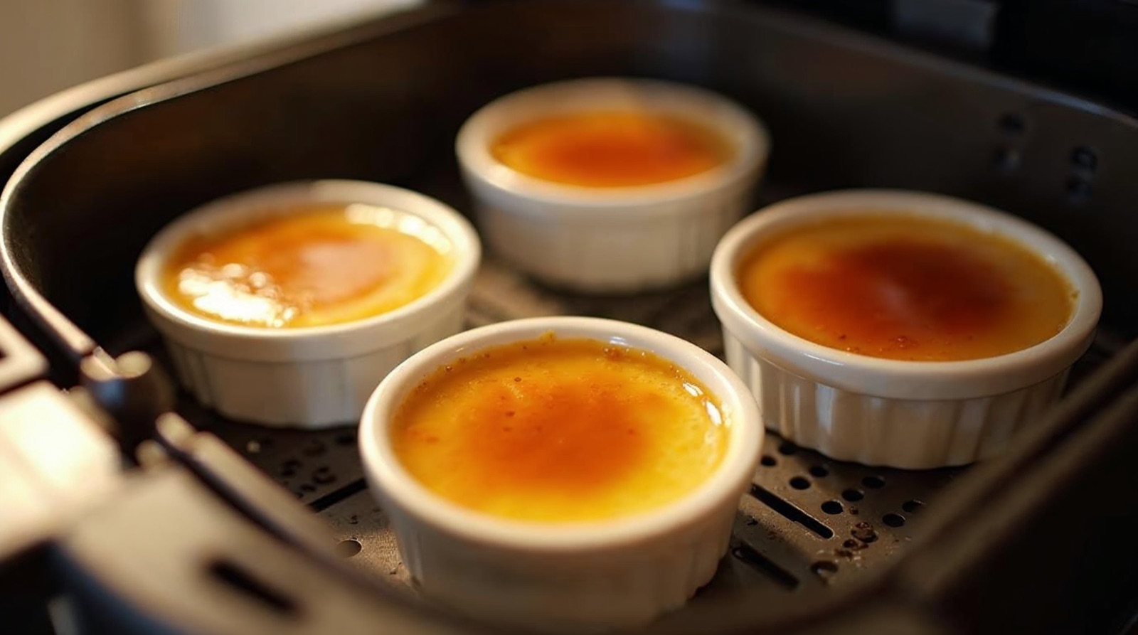 Các khuôn flan đặt trong giỏ nồi chiên không dầu