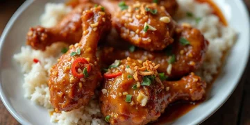 Đĩa gà chiên nước mắm vàng giòn, áo sốt mắm tỏi bóng, rắc tỏi phi và ớt