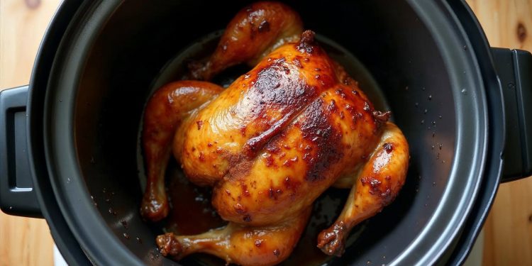 Gà ướp dầu hào nướng chín vàng bóng trong lòng nồi cơm điện
