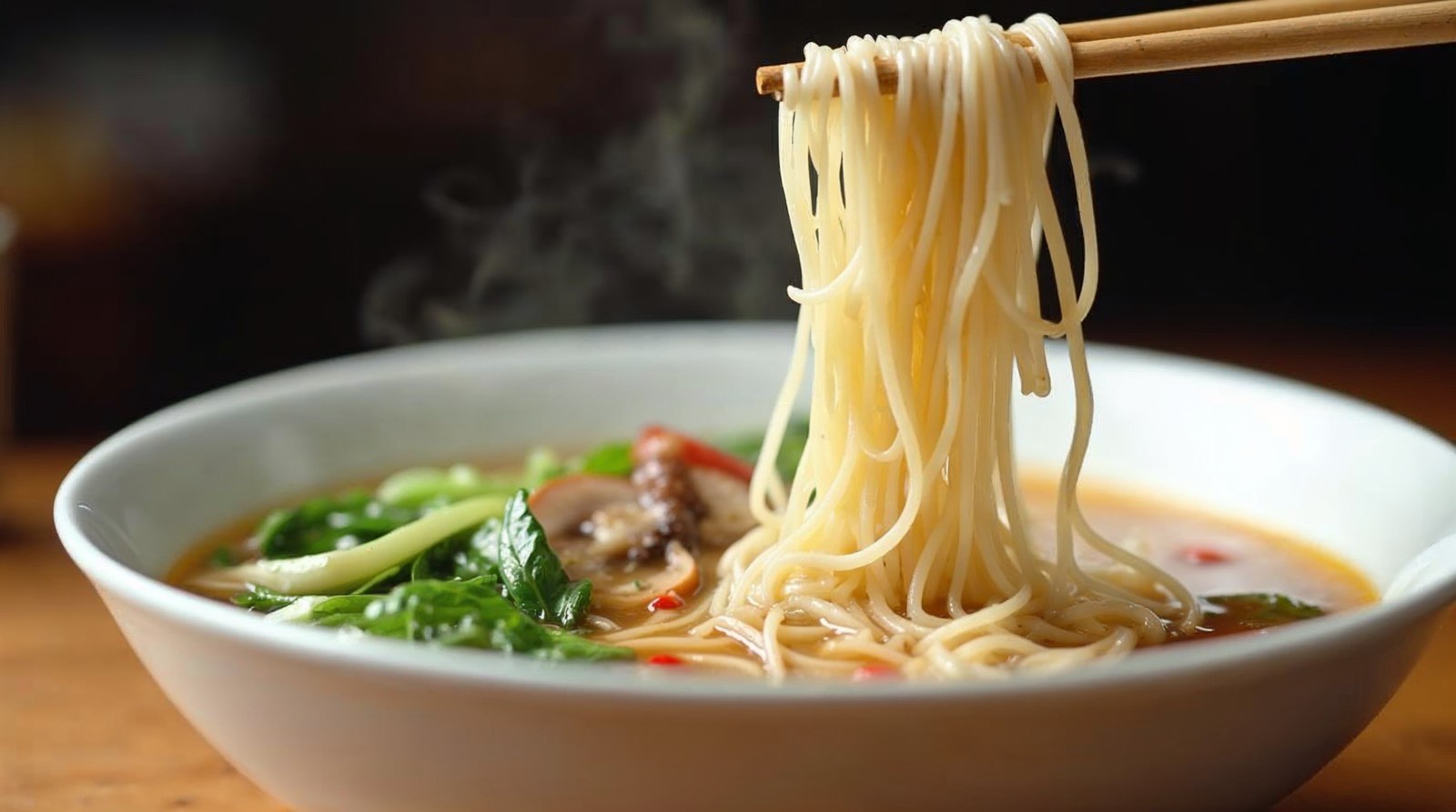 Gắp sợi miến mềm từ tô canh miến nóng có nấm và rau xanh
