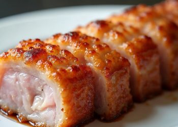 Heo quay da giòn thái miếng với lớp bì vàng nổ giòn