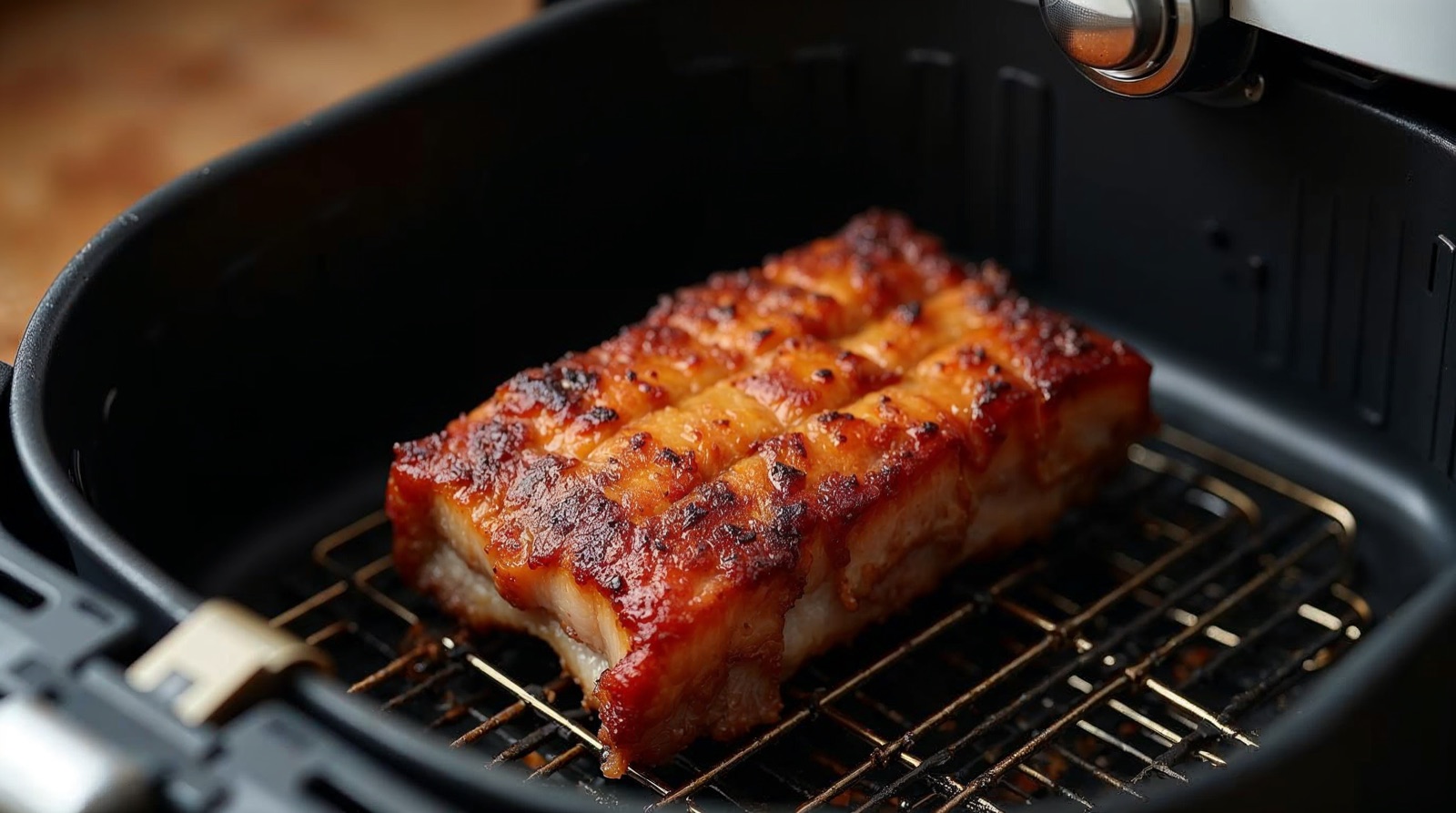 Miếng ba chỉ bì giòn trong giỏ nồi chiên không dầu