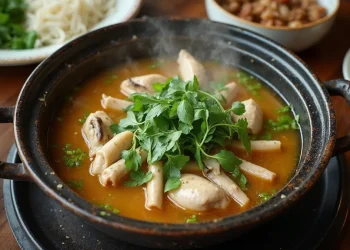 Nồi lẩu gà lá é nóng hổi nước dùng vàng trong, nhiều lá é xanh, thịt gà và nấm