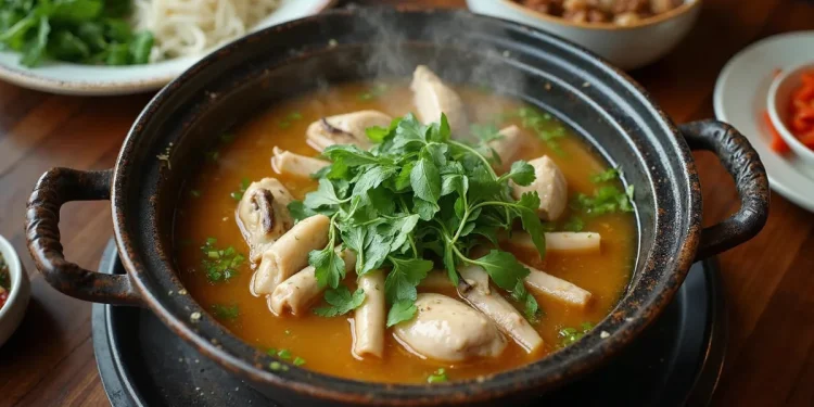 Nồi lẩu gà lá é nóng hổi nước dùng vàng trong, nhiều lá é xanh, thịt gà và nấm