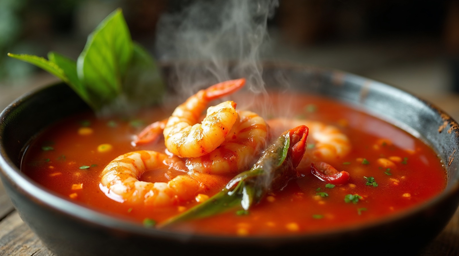 Cận cảnh nước lẩu thái chua cay với tôm, ớt và lá thơm, bốc khói