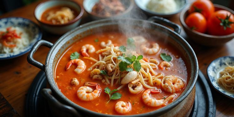 Nồi lẩu thái chua cay nước đỏ cam nóng hổi với tôm, mực, nấm và rau thơm