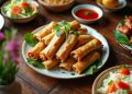 Mâm liên hoan 20/11 với nem rán, gà chiên, salad và cơm