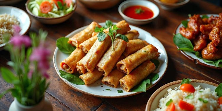 Mâm liên hoan 20/11 với nem rán, gà chiên, salad và cơm