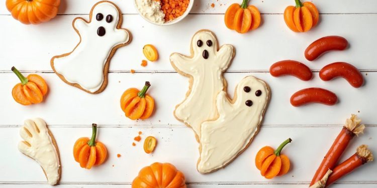 Mâm món ăn vặt Halloween cho bé: bánh quy hình ma và bí ngô, cam bí ngô mini, chuối ma, xúc xích ngón tay