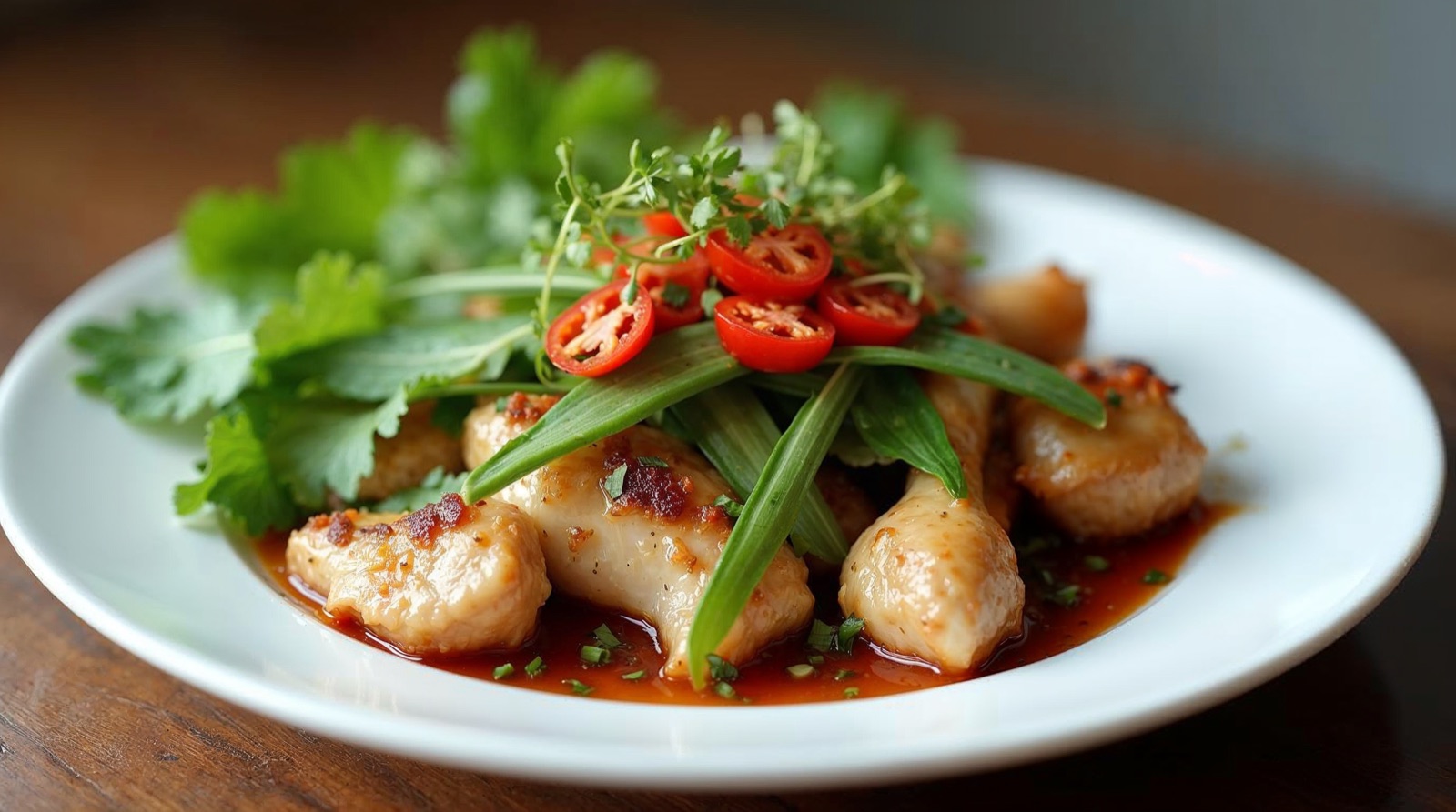 Đĩa gà sốt đậm đà rắc ớt và rau thơm