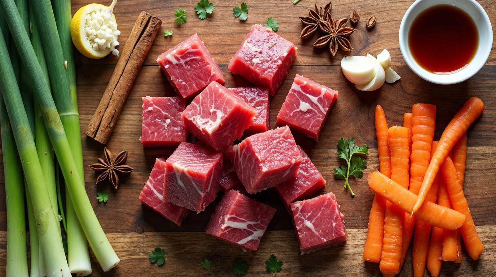 Nguyên liệu nấu bò kho: thịt bò cắt khối, hoa hồi, quế, tỏi, cà rốt, nước mắm