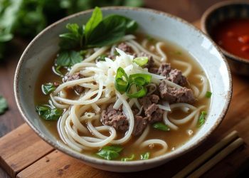 Tô phở bò với bánh phở, thịt bò, hành lá, rau thơm và nước dùng