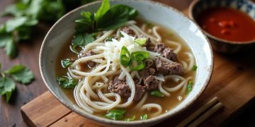 Tô phở bò với bánh phở, thịt bò, hành lá, rau thơm và nước dùng