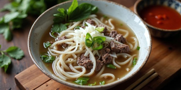 Tô phở bò với bánh phở, thịt bò, hành lá, rau thơm và nước dùng