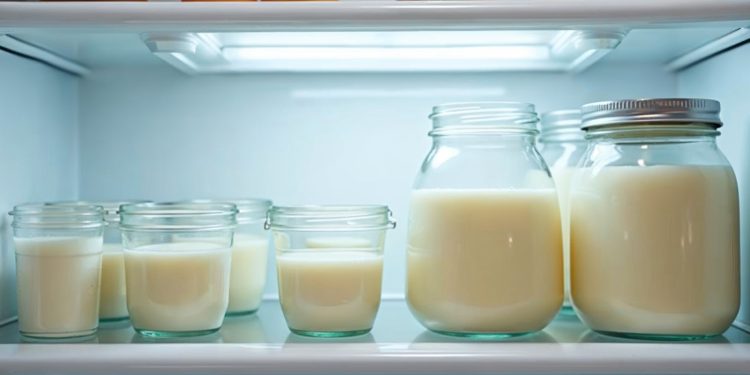 Nhiều hũ sữa chua xếp trong ngăn tủ lạnh