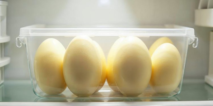 Trứng luộc đã bóc vỏ để trong hộp kín cất ngăn mát tủ lạnh